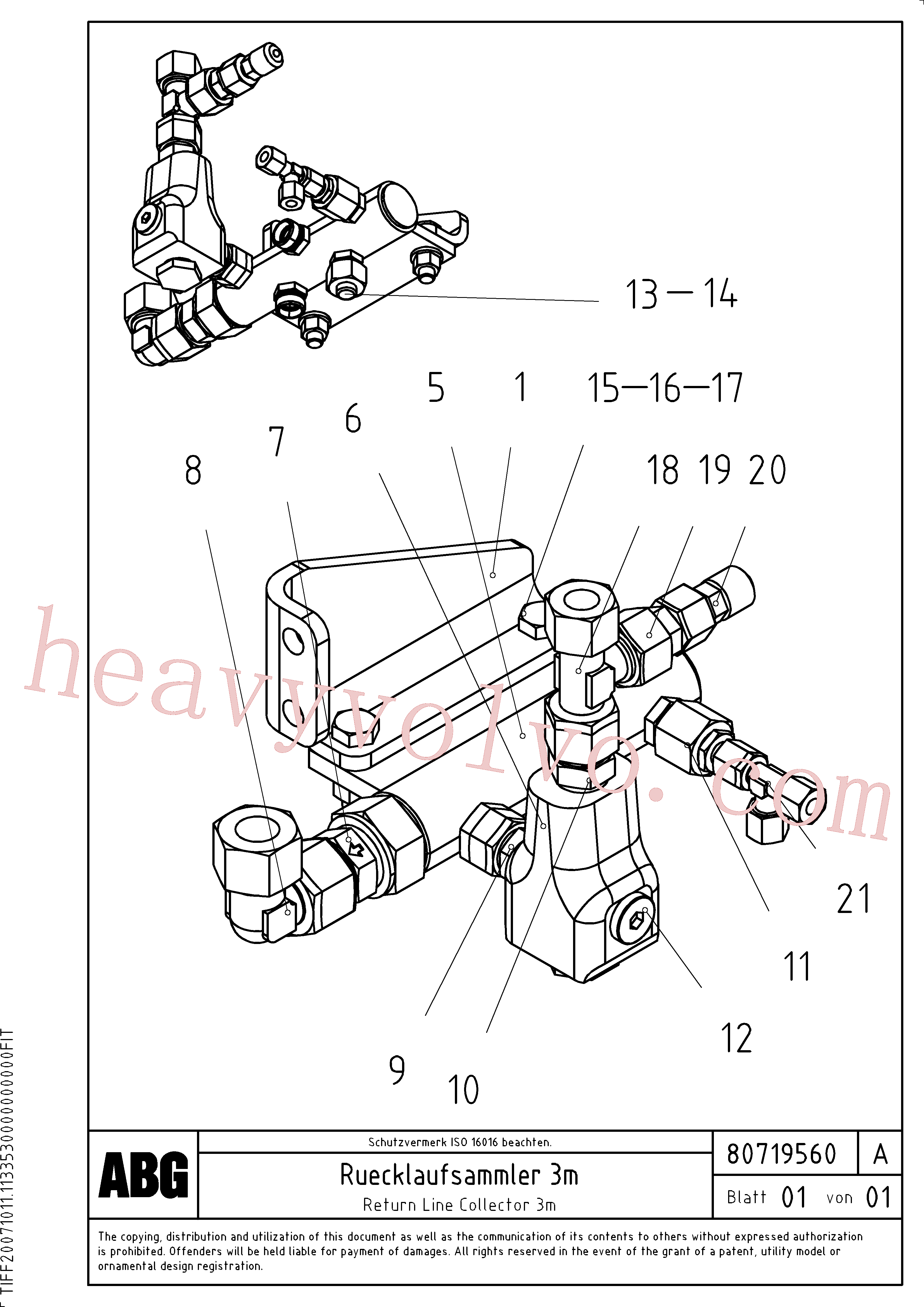 RM14090716 for Volvo Return Line Collector for basic and extendable screed, Return line collector for Vario basic screed(1047380 assembly)