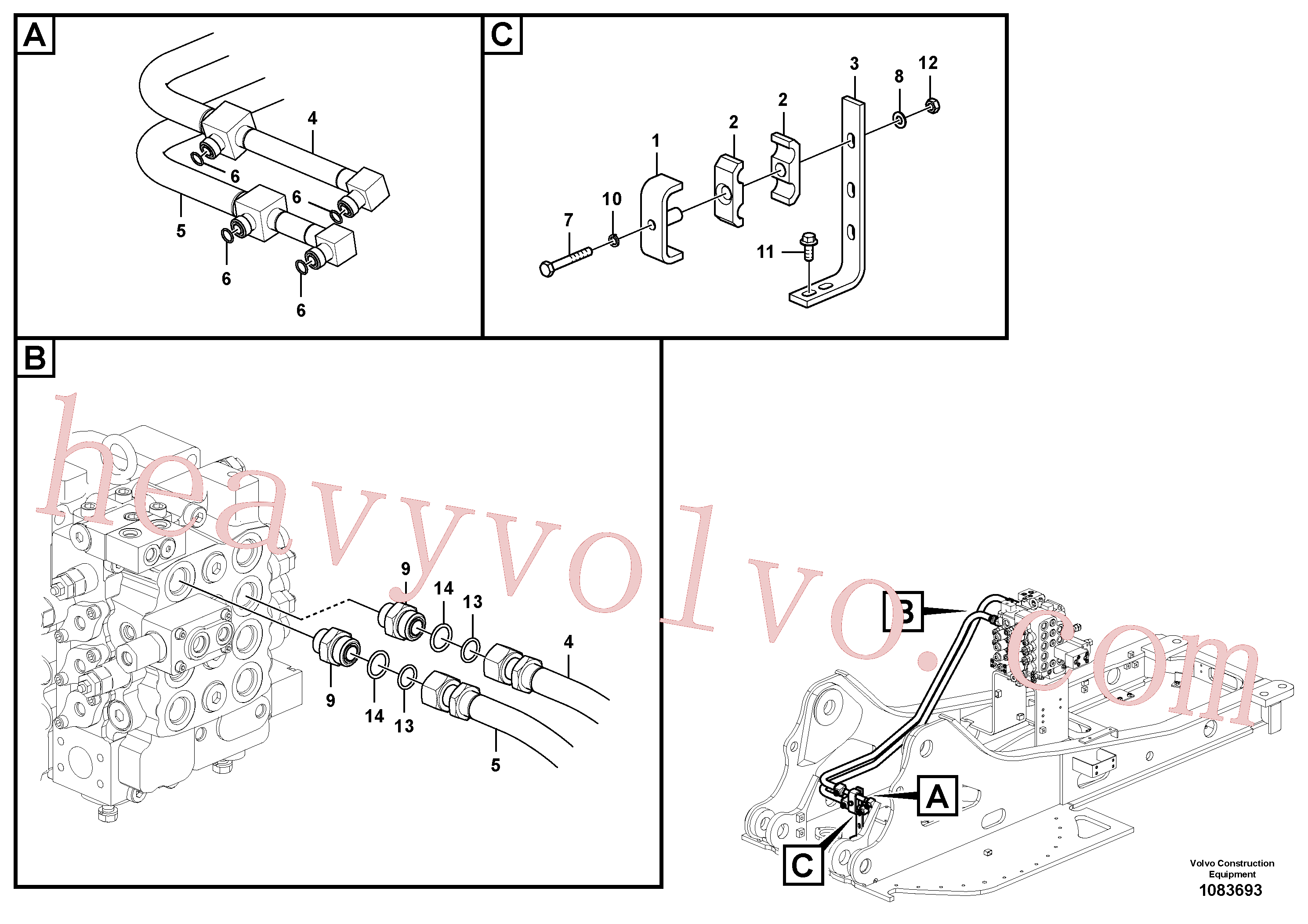 SA9511-12024 for Volvo Hydraulic system, control valve to boom and swing(1083693 assembly)